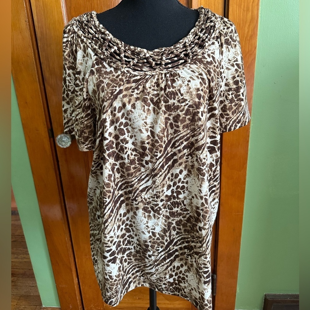 Women's White Stag Floral Leopard Print Braided Chest Blouse Shirt Large